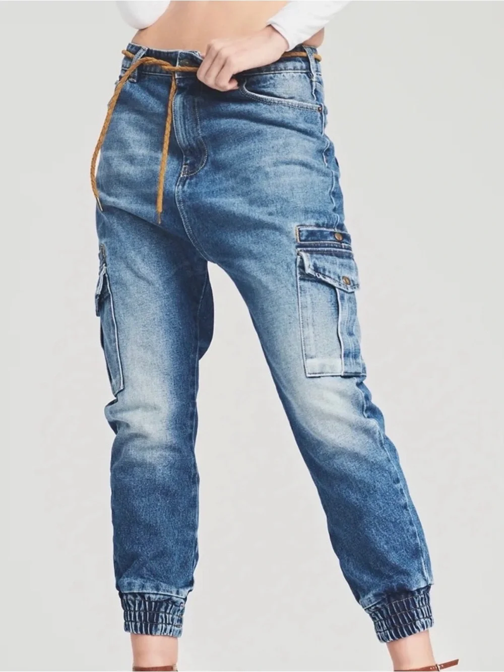 NWT Ser.O.Ya Drop Crotch Denim Cargo Jogger Jeans in Tahoe Sz 31 Summer 90’s